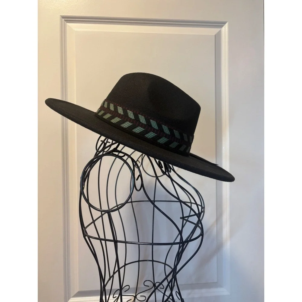 Free People Black Wide Brim Fedora Hat Woven Geometric‎ Band Wool Blend OS